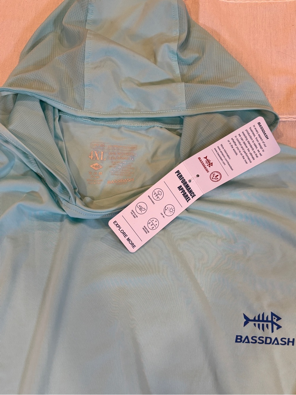 NWT Bassdash UPF 50+ Performance Fishing Hoodie Sun Shirt Aqua Blue 4XL - Picture 3 of 9